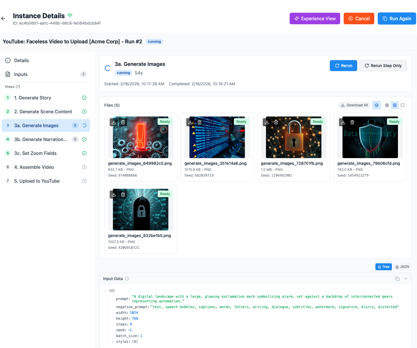 Builder view with full step tracking, files, and input data inspection